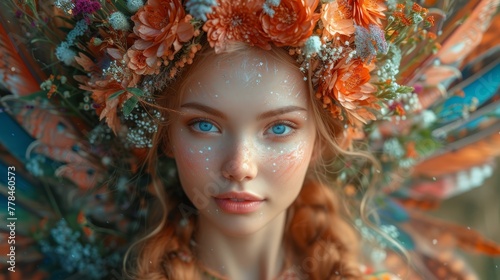 a close up of a woman with flowers in her hair and a wreath of flowers on her head with blue eyes.