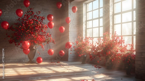 a captivating image of a bright room featuring a large window, dressed in festive balloons and fragrant flowers. photo