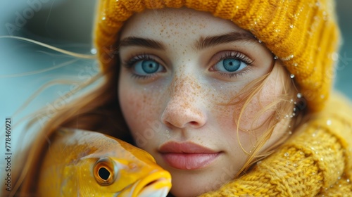 a woman with freckled hair and blue eyes holds a fish in front of her face while wearing a yellow knitted hat.