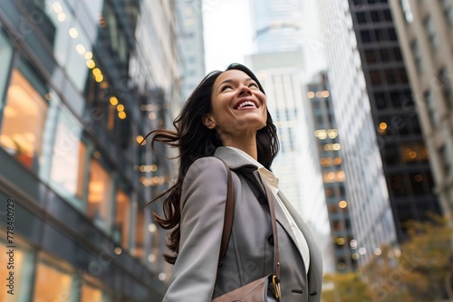 Happy smiling business woman, female employee, office worker going in city, looking at buildings