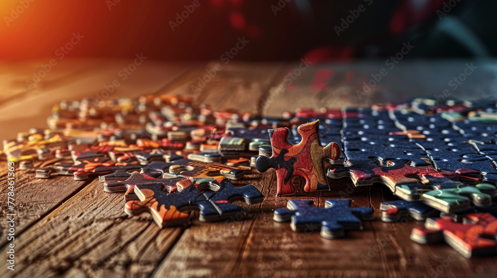 Abstract illustration of scattered jigsaw puzzle pieces on a wooden table in warm light.