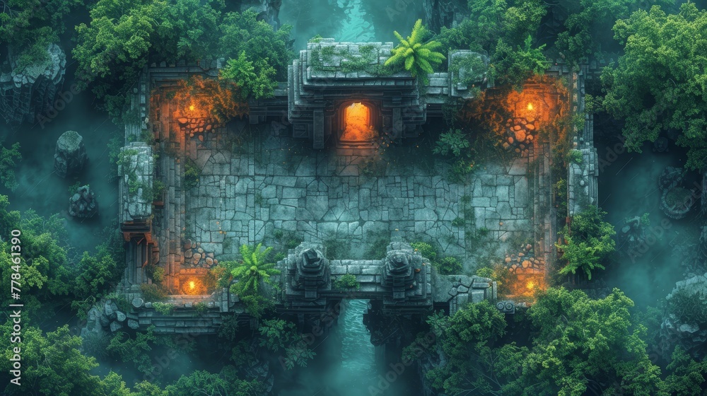 an aerial view of a stone building in the middle of a forest with a waterfall in the middle of it.