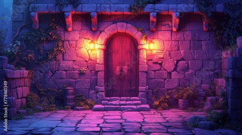 a stone building with a red door and a red light coming out of it's doorway and a set of steps leading up to it.