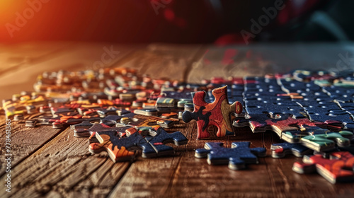 Abstract illustration of scattered jigsaw puzzle pieces on a wooden table in warm light.