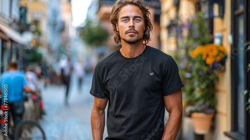 Boy in Black T-Shirt Street Style Mockup 