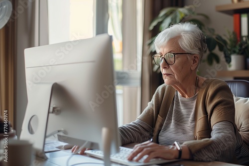 Senior old business woman, employee, office worker works at desktop computer. Elderly businesswoman photo