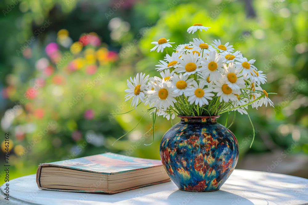 Charming flower arrangement in artisanal vase with garden backdrop, great for artistic event invitations and garden blogs. Charming flower arrangement in artisanal vase with garden backdrop, great for artistic event invitations and garden blogs.