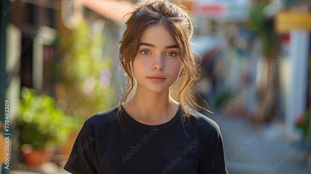 Casual Daylight Mockup: Teen Girl in Black T-Shirt
Casual Daylight Mockup: Teen Girl in Black T-Shirt