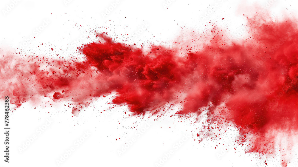 A dynamic burst of red powder explodes against a stark white background A dynamic burst of red powder explodes against a stark white background