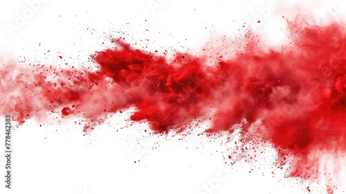A dynamic burst of red powder explodes against a stark white background