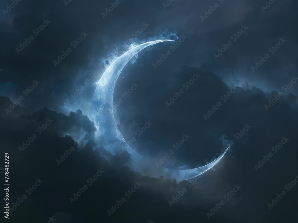Close-up of a thin crescent sun, wrapped in a deep blue glow during a cold morning eclipse