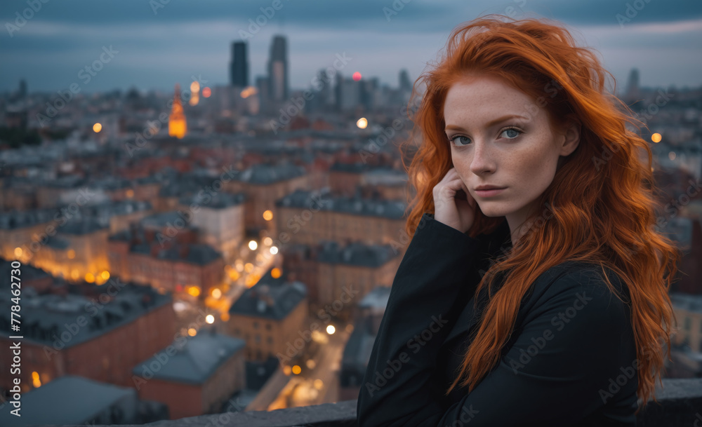 Portrait of a beautiful red-haired model, a ginger model with a face of beauty and red hair, noir, contrast, color paint, multiple colors, city at background , detailed,
