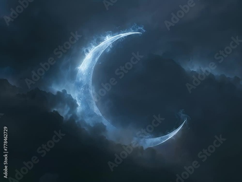 Close-up of a thin crescent sun, wrapped in a deep blue glow during a cold morning eclipse
