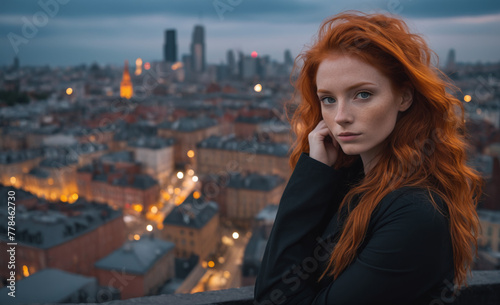 Portrait of a beautiful red-haired model, a ginger model with a face of beauty and red hair, noir, contrast, color paint, multiple colors, city at background , detailed, © rodrigo