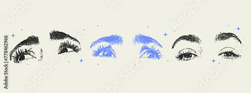 Grunge grain eyes with a xerox or photocopy effect in a pop art style. Dotted elements with halftone stipple effect for gothic collage design. Vector illustration.