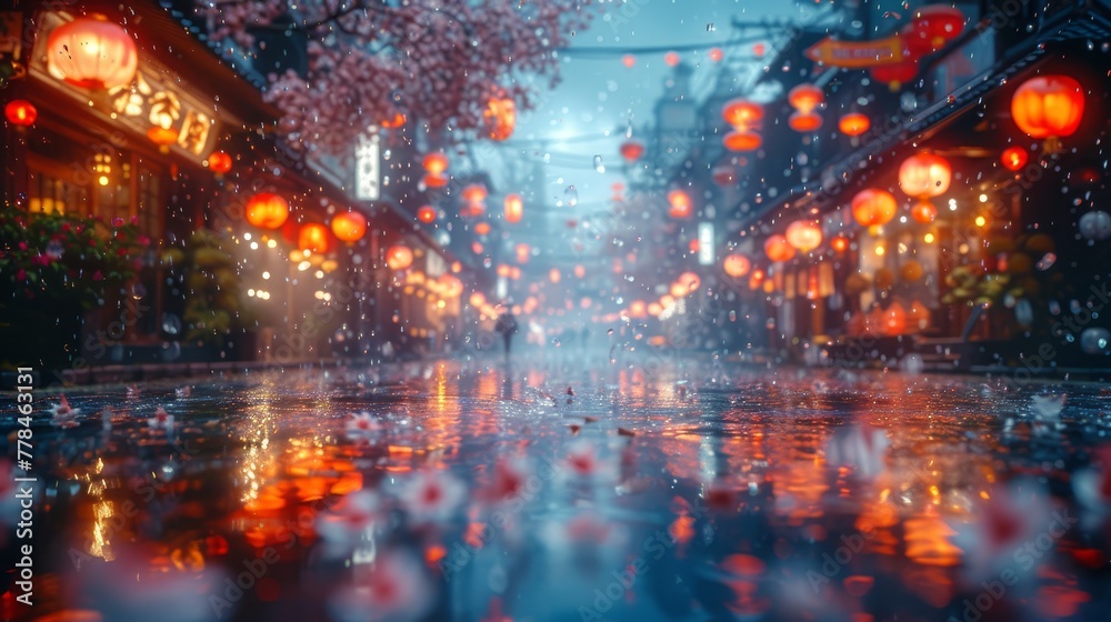 a blurry photo of a person walking down a street in the rain with red lanterns hanging from the buildings.
