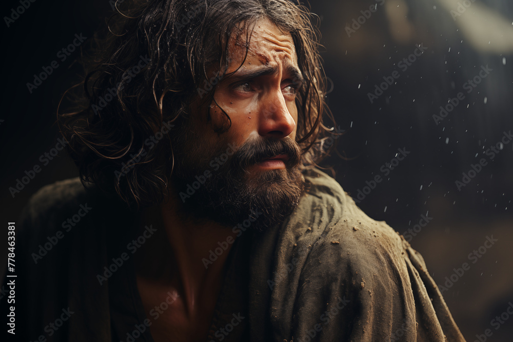 Fototapeta premium A man with a beard and long hair is looking at the camera