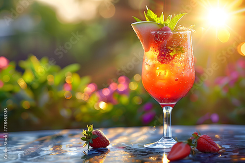 A fruity and colorful cocktail standing on a table outside in a beautiful garden