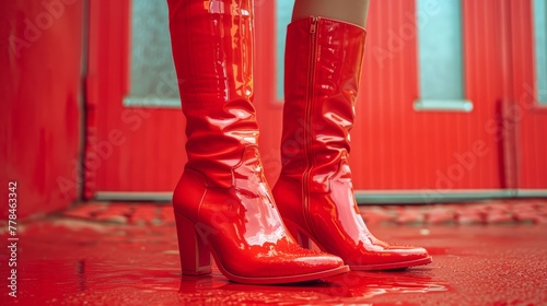 a close up of a pair of red high heeled boots on a wet surface with a red building in the background.