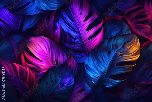 Tropical leaves in neon colors on black background. Banner design