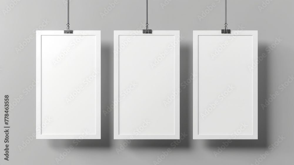 Hanging white poster frame mockup on a wall. Realistic 3D rendering for showcasing your picture, canvas, or photo on a clean background Hanging white poster frame mockup on a wall. Realistic 3D rendering for showcasing your picture, canvas, or photo on a clean background