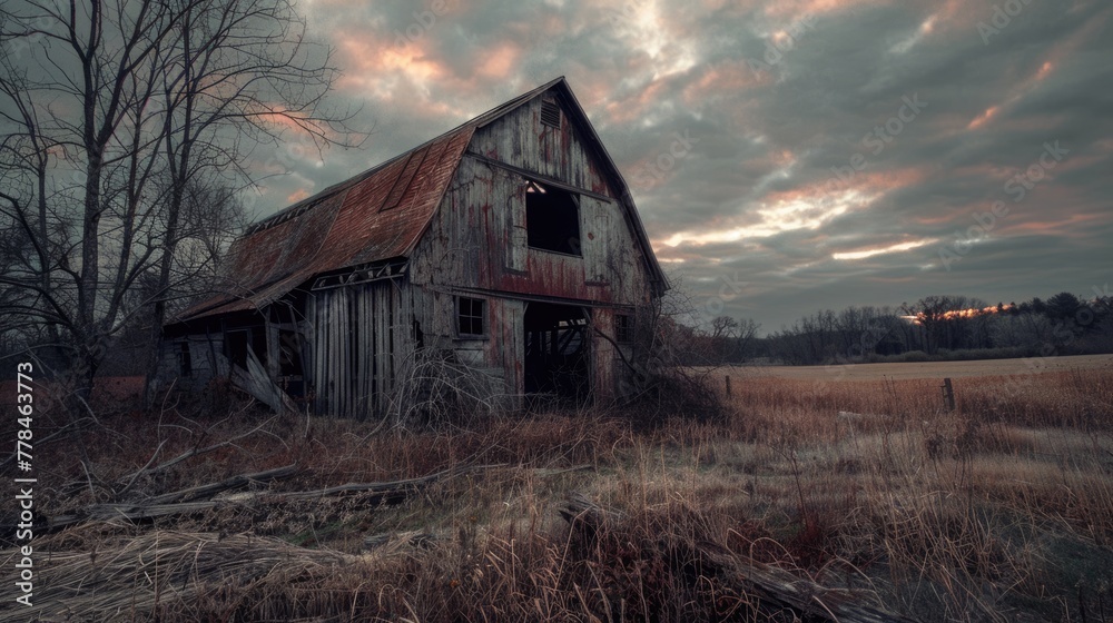 Horror Landscape of Abandoned Old Barn - Art with Wood Architecture and Spooky Atmosphere Horror Landscape of Abandoned Old Barn - Art with Wood Architecture and Spooky Atmosphere
