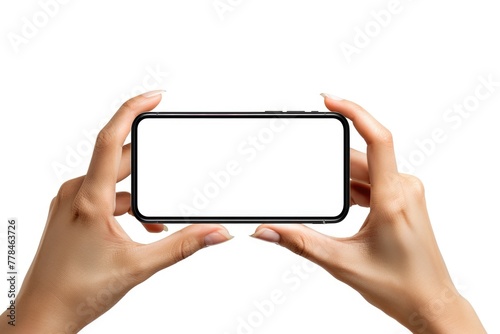 Horizontal Smartphone Hold: White Isolated Photo of Person Holding iPhone for Video or Photo Capture