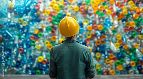 Individual Surrounded by Stacked Plastic Lids in Recycling Plant, emphasizing waste management strategies, ideal for educational infographics and presentations