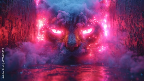 a cat with glowing eyes and pink smoke coming out of it's mouth in front of a dark background.