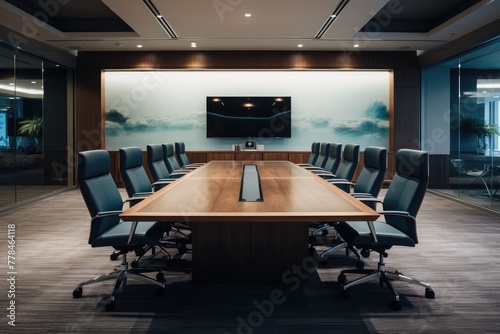 corporate conference room, captured in a high-quality photograph, showcasing an empty interior with polished surfaces, ergonomic chairs, and a large conference table