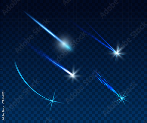 Shooting star arc light with magic neon curve. Glitter flare arch line trail. Blue dust sparkle glowing from meteor flying at night. Twinkle burst transparent element motion isolated tail set 