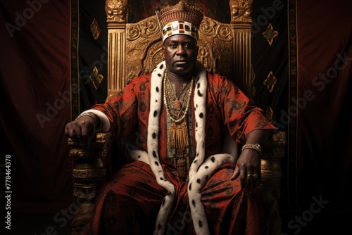 African king seated on a majestic throne, surrounded by intricate traditional regalia, symbolizing authority and heritage, the rich textures and patterns of the king's attire blending © SaroStock