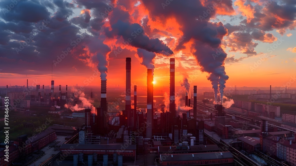 Aerial view of an industrial area with large chimneys belching smoke at sunset. Conceptual image of industry and the environment Aerial view of an industrial area with large chimneys belching smoke at sunset. Conceptual image of industry and the environment