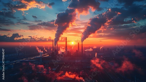 Aerial view of an industrial area with large chimneys belching smoke at sunset. Conceptual image of industry and the environment photo