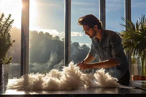 man cleaning an office space with meticulous attention, using a feather duster to gently remove dust from surfaces, the morning sunlight streaming through the windows photo