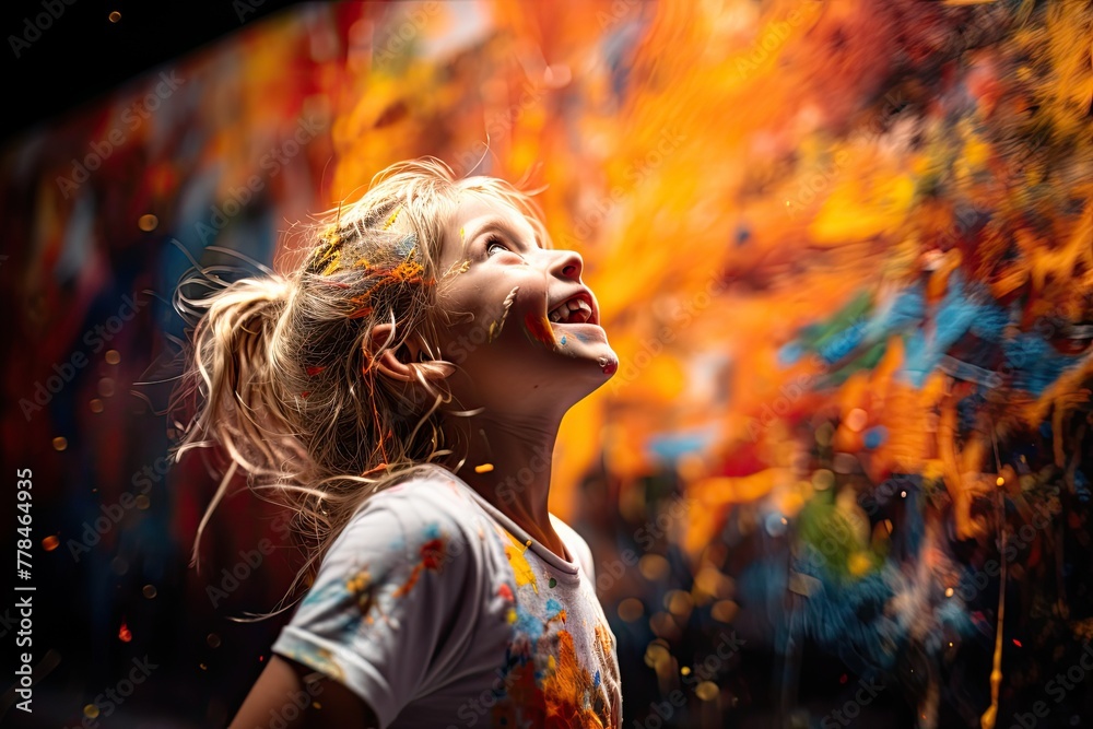 girl painting a wall with bold and expressive strokes, the colors of the paint and the determination on her face creating an engaging visual narrative girl painting a wall with bold and expressive strokes, the colors of the paint and the determination on her face creating an engaging visual narrative