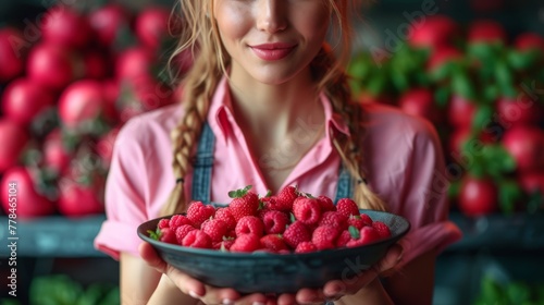 a woman holding a bowl of raspberries in front of a bunch of red apples in a grocery store.