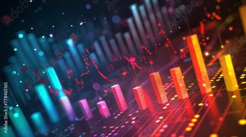 Colorful digital interpretation of stock market analysis with rising and falling graphs and bars