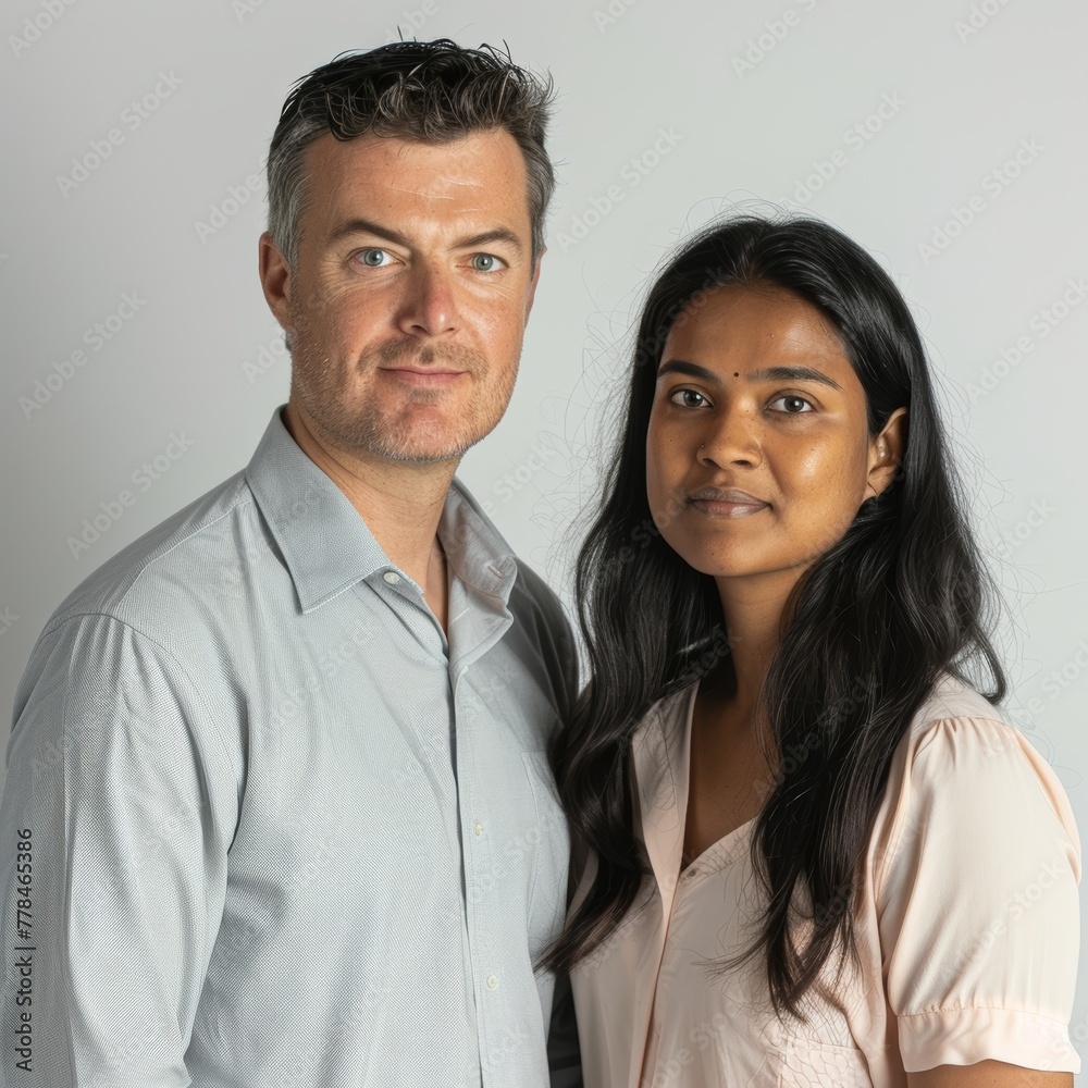 a white man and an Indian woman, corporate photo, looking away from the camera, studio shot, a white man and an Indian woman, corporate photo, looking away from the camera, studio shot,