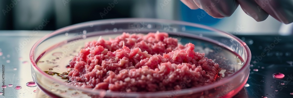 Cultured Meat, Synthetic Chicken, Laboratory Pork, Artificial Meat, Minced Meat in Petri Dish