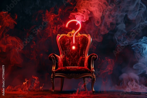 red velvet throne with golden elements with a neon question mark on the throne. Burning flames in the background, hot seat concept © World of AI