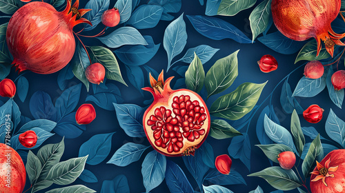 seamless leaf and pomegranate pattern, blue background © Kateryna Kordubailo