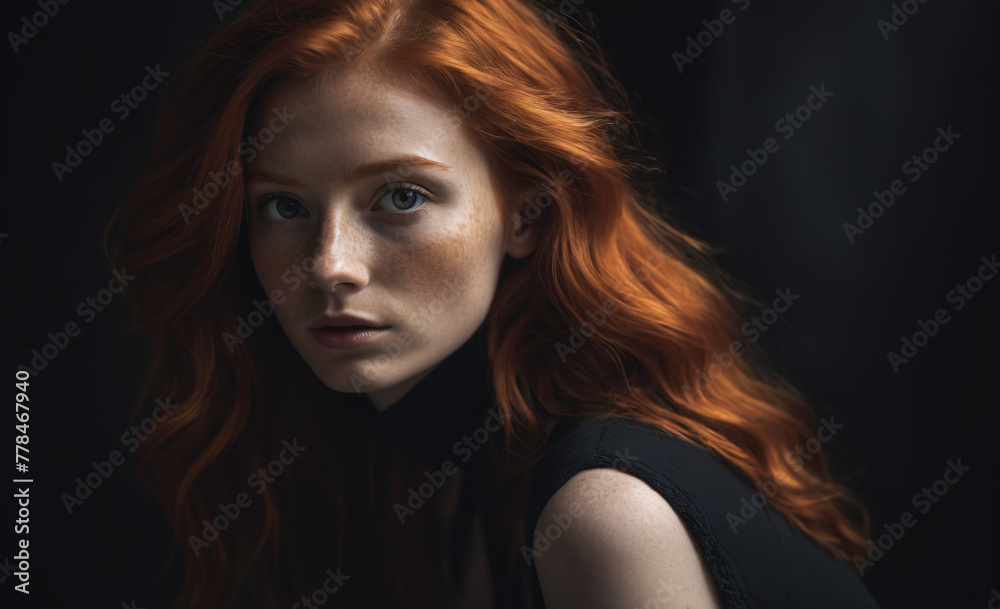 Portrait of a beautiful red-haired model, a ginger model with a face of beauty and red hair, noir, contrast, color paint, multiple colors , detailed