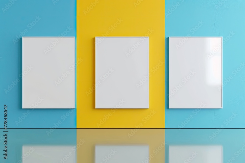 Three White Posters Mockups on a Blue and Yellow Background With Reflection. Template, Mockup. 3D Render .