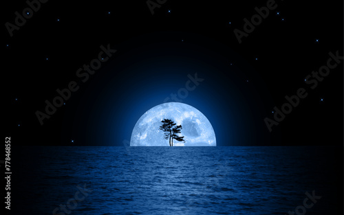 Moonlight night sea landscape beautiful nature blue background vector illustration blue silhouette wallpaper moon light sea water reflection stars tree