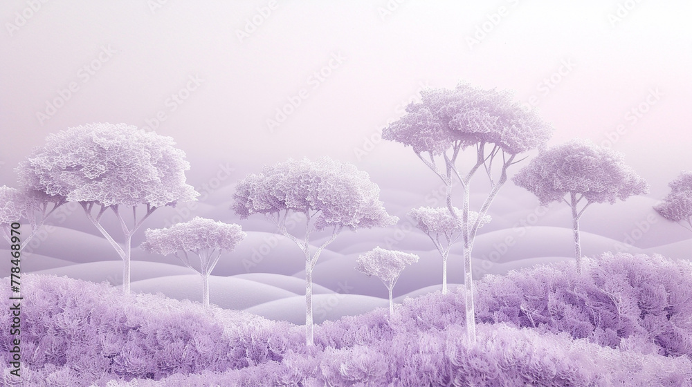 An Earth Day morning view with delicately paper-cut trees in misty lavender and mauve tones. - obrazy, fototapety, plakaty 