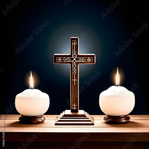cross and illuminated candles