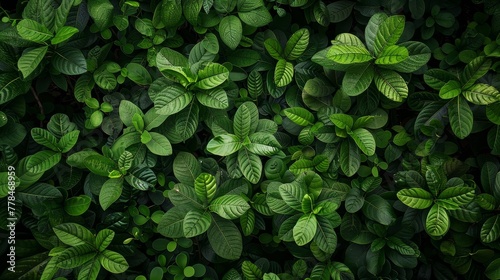 The ground is covered with tropical green leaves, view from directly above