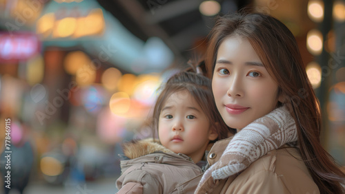 Warm Mother-Daughter Embrace in Glowing City Lights