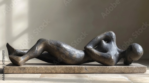 a sculpture of a woman laying on her back on a stone slab in a room with a light coming through the window. photo
